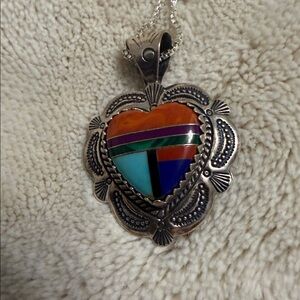 Elegant Southwest Sterling Silver Heart Necklace with Multicolor Inlay